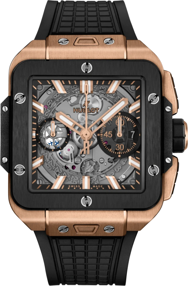 Купить копии элитных часов  Hublot Square Bang Unico King Gold Ceramic 821.OM.0180.RX: в наличии!