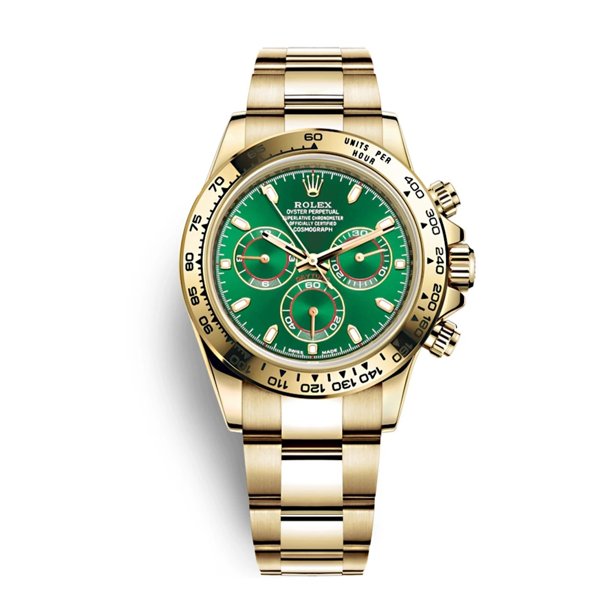 Купить копии элитных часов  Rolex Cosmograph Daytona 40mm Yellow Gold Green Dial 116508-0013: в наличии!