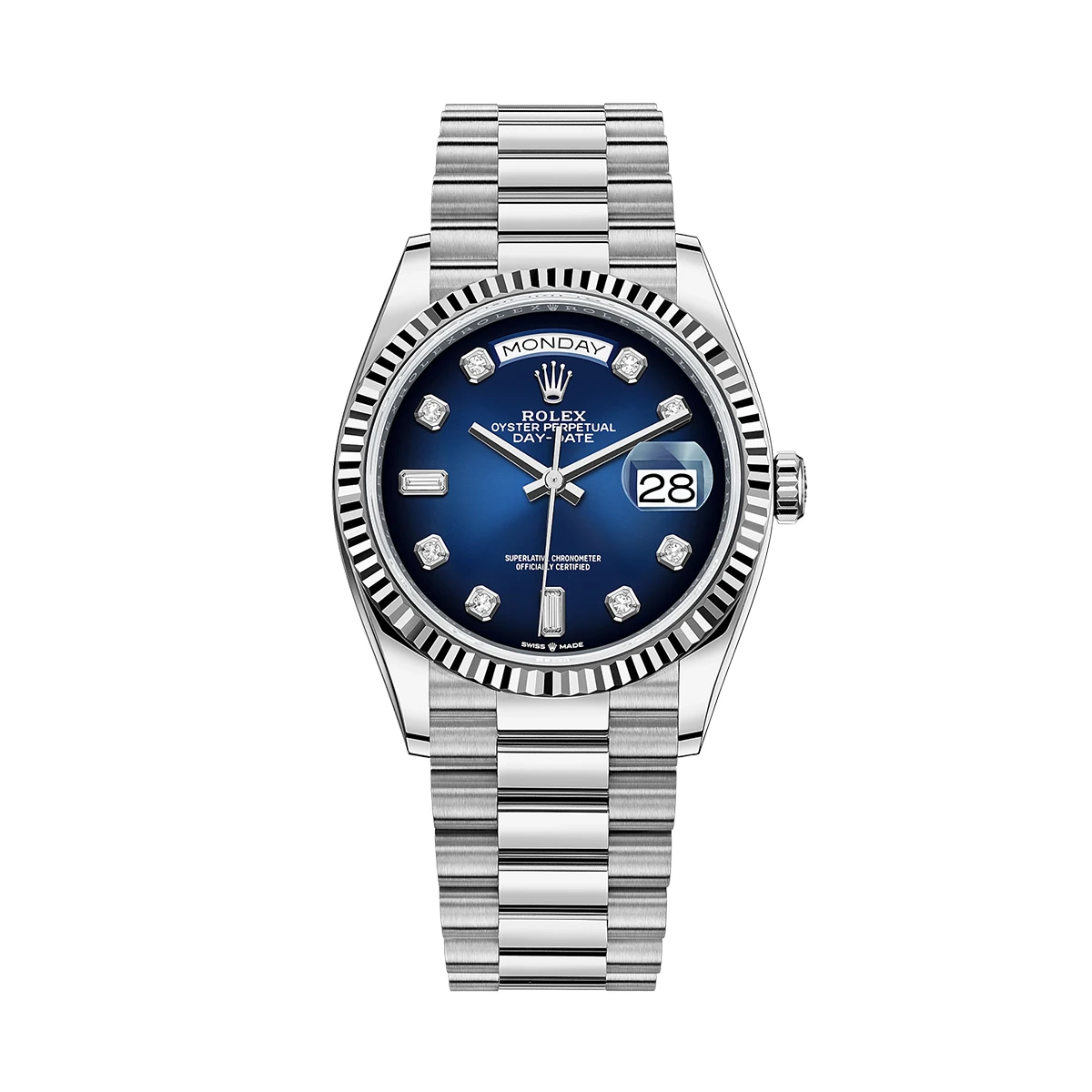 Купить копии элитных часов  Rolex Day-Date 36mm White Gold Blue Dial 128239: в наличии!