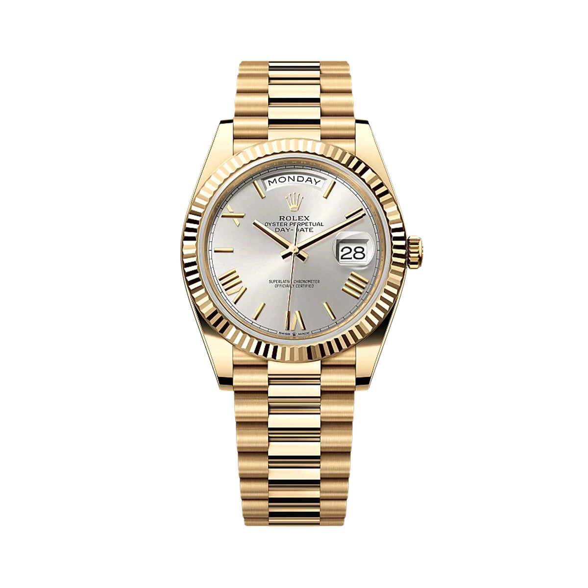 Купить копии элитных часов  Rolex Day Date 40mm Yellow Gold Silver Dial 228238: в наличии!