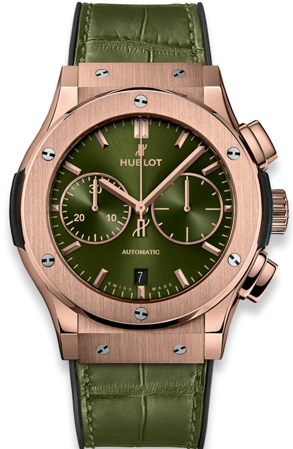 Купить копии элитных часов  Hublot Classic Fusion Chronograph Green King Gold 45 mm 521.OX.8980.LR: в наличии!