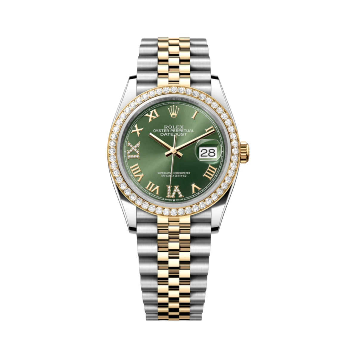 Купить копии элитных часов  Rolex Datejust 36mm Oystersteel Yellow Gold and Diamonds Green Dial 126283RBR: в наличии!