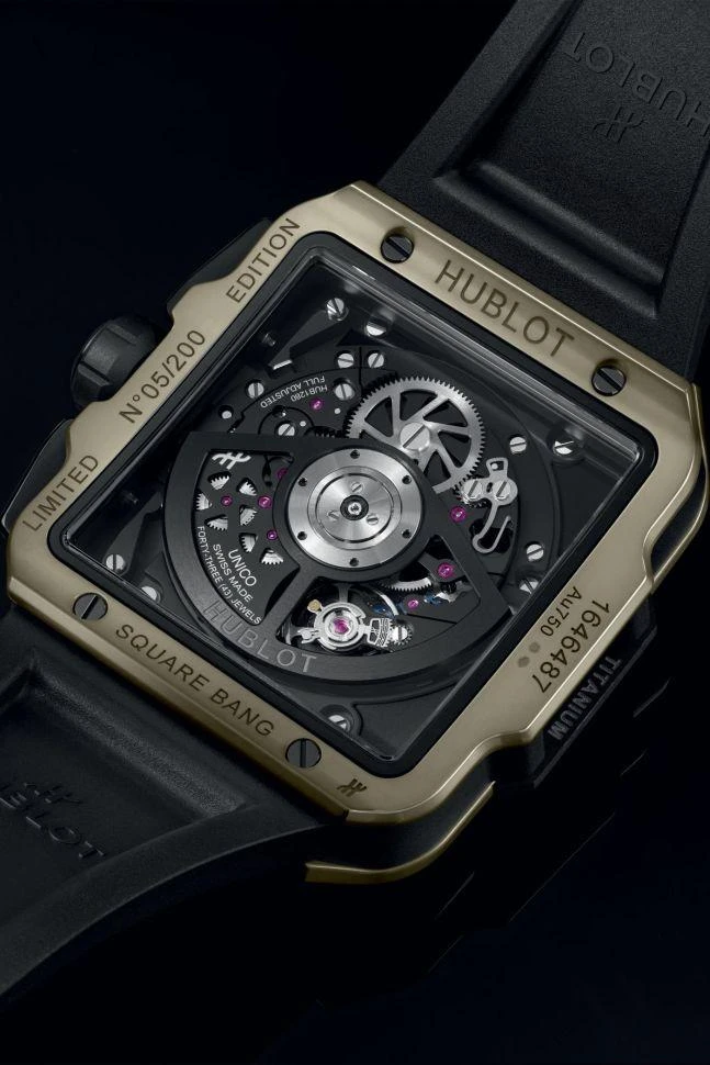 Купить копии элитных часов  Hublot Shaped Square Bang Unico Magic Gold 821.MX.0130.RX: в наличии!