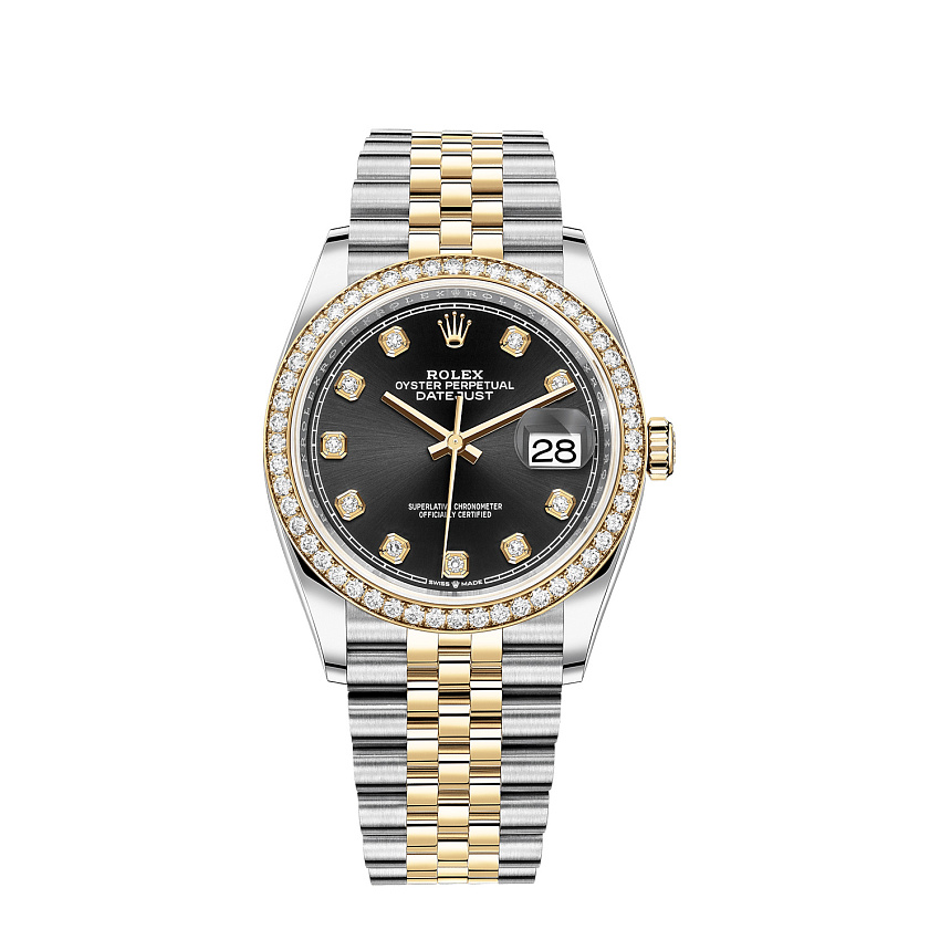 Datejust 36mm Oystersteel Yellow Gold and Diamonds Black Dial