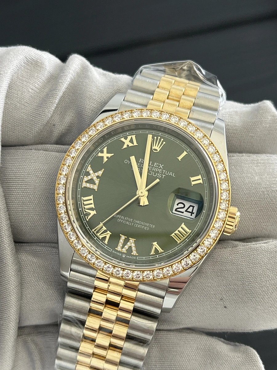 Купить копии элитных часов  Rolex Datejust 36mm Oystersteel Yellow Gold and Diamonds Green Dial 126283RBR: в наличии!